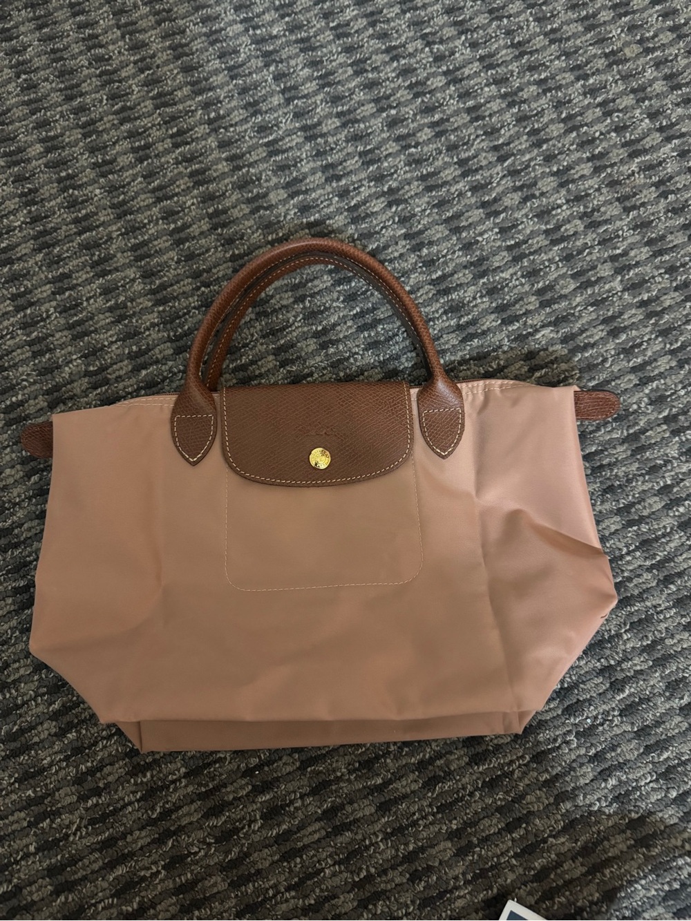 Longchamp Le Pliage Tote in Pink Tea with Brown Leather Trim